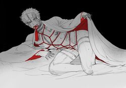 akaza_(kimetsu_no_yaiba) black_background body_markings bondage demon_boy demon_slayer facial_markings kimetsu_no_yaiba kimono kimono_lift looking_at_viewer male male_only on_side open_kimono restricted_palette rope rope_harness short_hair solo sweat umaidkzkwk