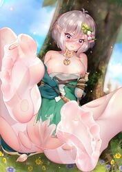 bondage cameltoe cum dress feet kamue kokkoro_(princess_connect!) nipples no_bra open_shirt pantsu pantyhose pointy_ears princess_connect! princess_connect!_re:dive see_through torn_clothes