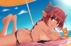 beach big_ass big_butt bikini horn horns huge_breasts ilulu_(dragon_maid) large_breasts looking_at_viewer lying miss_kobayashi's_dragon_maid pink_eyes pink_hair shortstack ssuummaa_(artist) suma sunscreen tan tan_skin tanline towel umbrella