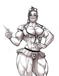 abs big_muscles female gloves looking_at_viewer mask muscles muscular muscular_female muscular_thighs needle nurse nurse_cap pecs r2roh solo thick_thighs