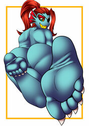 ass barefoot blue_skin claws cyborg-steve eye_patch fangs feet female fish_humanoid looking_at_viewer nude pussy red_hair soles toes undertale undyne