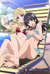 10s 2018 2girls absurd_res bare_shoulders barefoot beach_chair bikini chair cleavage embarrassed feet female female_only frenda_seivelun hair hair_ornament hand_on_shoulder hiyamizu_yukie hug long_hair looking_at_phone megami_magazine official_art open_mouth phone saten_ruiko selfie sitting sitting_on_chair smile swimsuit swimsuits teenage_girl teenager to_aru_kagaku_no_railgun to_aru_majutsu_no_index toes underboob young