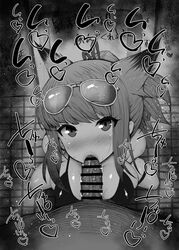 1boy 1girls animal_ears azur_lane bare_shoulders big_breasts big_penis black_and_white blush censored cheek_bulge dark-skinned_male dark_skin detailed_background dress drooling eyelashes fellatio heart human indoor inside japanese_text kurotama long_hair looking_at_viewer male male_pov oral oral_sex pov room saliva shiny shiny_skin sketch sound_effects squatting sunglasses sunglasses_on_head suzutsuki_(azur_lane) sweat text vein veins veiny veiny_penis