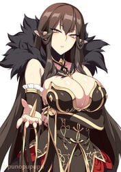 1girls 2021 arm_under_breasts breast_focus breasts brown_dress brown_hair cleavage detached_sleeves dress eyebrows_visible_through_hair fate/apocrypha fate/grand_order fate_(series) female female_focus female_only huge_breasts long_ears long_hair looking_at_viewer open_mouth palm_spike pointy_ears punopupupu royalty semiramis_(fate) shiny_skin simple_background spike twitter_username very_long_hair white_background yellow_eyes zeroshiki_kouichi