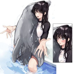 1girls bestiality blush dolphin female_human human implied_bestiality implied_sex implied_vaginal implied_zoophilia interspecies komi-san_wa_komyushou_desu komi_shouko large_breasts mamimi_(artist) rape suprised tagme vaginal_penetration zoophilia