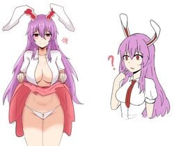 animal_ears blush breasts bunny_ears carrot cleavage navel open_clothes open_shirt padio553 panties presenting presenting_panties print_panties purple_hair red_eyes reisen_udongein_inaba skirt skirt_lift standing tagme touhou white_panties