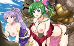 2girls 2monsters all_fours ambiguous_penetration ass_grab bent_over blue_eyes breast_squeeze breasts breasts_out clothed_sex dress edit female fire_emblem fire_emblem:_genealogy_of_the_holy_war gangbang green_hair implied_penetration interspecies ishtar_(fire_emblem) lene_(fire_emblem) monster monster_rape multiple_girls nintendo nipple_tweak open_mouth outdoors outside_sex purple_hair rape risen_(fire_emblem) skirt taken_from_behind tentacle tentacle_tongue tentacles_under_clothes the-sinner thighhigh_boots third-party_edit tongue torn_clothes