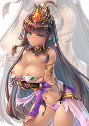 areolae armlet bangs black_hair blush breasts bridal_gauntlets cleavage clenched_teeth dark-skinned_female dark_skin gem green_eyes hair_ornament highres large_breasts long_hair looking_at_viewer makirin navel nipples panties sennen_sensou_aigis solo standing torn_clothes underwear