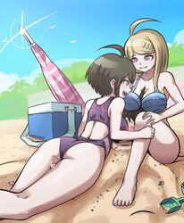 1boy 2girls ahoge akamatsu_kaede assertive background barefoot between_legs bikini blonde_hair breast_on_head breast_press buried_in_sand competition_swimsuit danganronpa danganronpa_2:_goodbye_despair danganronpa_s:_ultimate_summer_camp danganronpa_ultra_despair_girls danganronpa_v3 faceless_male feet femdom foot_fetish girl_sandwich green_hair hair_ornament hinata_hajime long_hair malesub mosbles multiple_girls naegi_komaru pink_hair precum short_hair submissive_male swimsuit teamwork thick_thighs thigh_sex toes video_games