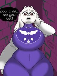 anthro background bbw big_breasts chubby furry hand_on_head horns huge_breasts long_ears low-angle_view mammal megokinho mommy_kink pov purple_background toriel undertale white_fur