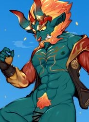 1boy abs anthro belly_button blue_body blue_skin bodypaint censor_bar censored censored_penis dragon epic_games fingerless_gloves fire fire_hair firewalker_(fortnite) flaccid flaccid_penis fortnite gloves humanoid male_only mofuaki muscle muscular muscular_male naked nude orange_hair partially_nude pecs pectorals tattoo yellow_eyes yellow_hair