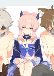 1girls 2boys after_handjob animal_ears blindfold blue_eyes blush bondage brown_ears clothed collar cum cum_on_hand erection eruf20 eyebrows_visible_through_hair female femdom genshin_impact gorou_(genshin_impact) handjob human kaedehara_kazuha kemonomimi light-skinned_female light-skinned_male light_skin long_hair male malesub mmf_threesome multiple_boys muzzle_(object) partially_clothed pink_hair sangonomiya_kokomi shirtless smile submissive_male threesome white_hair