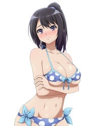 10s bikini black_hair blue_bikini blush braid breast_hold breasts cleavage covered_erect_nipples embarrassed female front-tie_top groin hibike!_euphonium high_ponytail highres kousaka_reina large_breasts long_hair looking_at_viewer mameshiba navel polka_dot polka_dot_bikini purple_eyes side-tie_bikini simple_background skindentation solo squeezing squeezing_breast stomach swimsuit underboob white_background