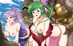 2girls 2monsters all_fours ambiguous_penetration ass_grab bent_over blue_eyes breast_squeeze breasts breasts_out clothed_sex cum dress edit female female_orgasm fire_emblem fire_emblem:_genealogy_of_the_holy_war gangbang green_hair heart-shaped_pupils implied_penetration interspecies ishtar_(fire_emblem) lene_(fire_emblem) monster monster_rape multiple_girls nintendo nipple_tweak open_mouth outdoors outside_sex pleasure_rape purple_hair rape risen_(fire_emblem) skirt taken_from_behind tentacle tentacle_tongue tentacles_under_clothes the-sinner thighhigh_boots third-party_edit tongue tongue_out torn_clothes