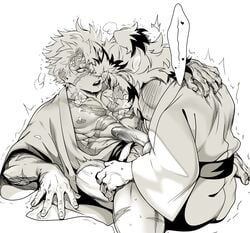 2boys blush demon_slayer erection gay implied_sex kimetsu_no_yaiba kimono male male_only monochrome muscular muscular_male open_clothes open_kimono penis ratchetduwang rengoku_kyoujurou sanemi_shinazugawa scars sweat uncensored yaoi