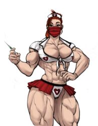 abs big_muscles female gloves green_eyes looking_at_viewer mask muscles muscular muscular_female muscular_thighs needle nurse nurse_cap pecs pectorals r2roh red_hair redhead solo thick_thighs