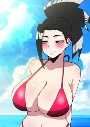 bikini bikini_top black_eyes black_hair blue_sky blush breasts green_bean large_breasts looking_at_viewer momo_yaoyorozu my_hero_academia ponytail red_bikini red_bikini_top smiling sunshine yaoyorozu_momo