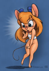 anthro big_head blush bottomless chip_'n_dale_rescue_rangers clothed clothing covering_crotch disney embarrassed female female_only front_view gadget_hackwrench huge_eyes mouse nezuya signature solo tagme text toony