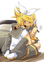 blonde_hair blue_eyes blush brother_and_sister detached_sleeves hair_ornament hair_ribbon hairclip headset hermmy hug incest kagamine_len kagamine_rin leg_lock ponytail ribbon school_uniform serafuku sex short_hair shorts siblings tattoo tied_hair twincest twins upright_straddle vocaloid