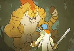 2boys animal_penis anthro balls ballsack blue_hair body_fur breath_of_fire breath_of_fire_iii brown_stripes clothed_male_nude_male clothing facial_hair feline flaccid_penis forge_(artist) furry goatee human male male_nipples male_only masculine nude_male ochre_fur orange_hair penis rei_(breath_of_fire) scrotum sheath sideburns sword tail testicles thewielder yellow_eyes