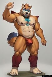 1boy abs ai_generated anthro beefy body_fur brown_fur buff five_nights_at_freddy's five_nights_at_freddy's:_security_breach fluffy_tail furry glamrock_freddy_(fnaf) male male_nipples male_only male_thong muscles muscular_male pecs penis_bulge pornsword.io species_swap species_transformation speedo wolf