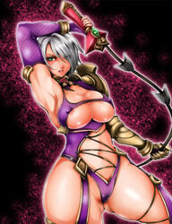 areola areolae armpits blue_eyes breasts cleavage curvy female female_only gauntlets human isabella_valentine large_breasts nipple_slip nipples short_hair silver_hair solo soul_calibur sword thick_thighs thighs weapon whip whip_sword