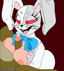 1boy 1girls alexbaby034 bowtie breast_grab breasts duo five_nights_at_freddy's five_nights_at_freddy's:_help_wanted five_nights_at_freddy's:_security_breach glitchtrap grabbing human humanoid_penis large_breasts lustful_gaze male/female malhare_fnaf mascot paizuri penis precum rabbit sitting smile titjob tongue vanny_(fnaf) whiskers