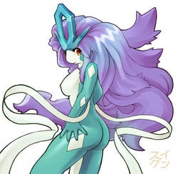 anthro anthrofied ass bottomless breasts color exposed_breasts female female_only fur furry furry_ass furry_breasts hair long_hair looking_aside looking_at_viewer murasuke nintendo nude pokemon pokemon_(species) purple_hair red_eyes side_view solo suicune topless