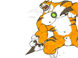 1boy animal_penis anthro balls ballsack beefy ben_10 body_fur claws feline flaccid_penis forge_(artist) green_eyes grey_stripes male male_nipples male_only masculine muscles muscular_male orange_fur pecs penis rath scrotum sheath solo testicles thewielder tiger