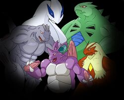 blaziken gay group_sex lugia machoke male male/ambiguous nidoking no_humans pokemon pokemon_(species) puyopuyo_(artist) tyranitar