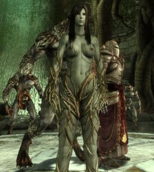 1girls 4boys bioware black_hair breasts casual_nudity completely_nude completely_nude_female dragon_age_origins exhibitionism female female_focus green_body green_skin lady_of_the_forest long_hair navel nipples nude nude_female perky_breasts public public_indecency public_nudity screenshot tagme vines werewolf