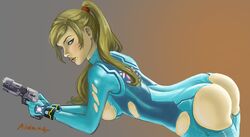 alvlaug ass beauty_mark blonde_hair blue_eyes bodysuit dat_ass female female_only gun human looking_at_viewer metroid mole nintendo samus_aran skin_tight solo torn_bodysuit torn_clothes weapon zero_suit zero_suit_samus