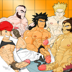 5boys abs bara black_hair blonde_hair brown_hair bruno_(pokemon) cap chuck_(pokemon) cmnm crasher_wake dark_brown_hair dog_tags erect_nipples erection exposed_nipples facial_hair gloves holding_penis human k3rry looking_at_viewer lt_surge male male_only multiple_boys multiple_penises muscle mustache necklace nintendo noland_(pokemon) one_eye_closed open_clothes pecs penis penis_size_difference pokemon pubic_hair shirt_up sideburns spread_legs tagme testicles tipping_hat topless torn_pants veiny_penis veiny_testicles yaoi