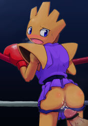 1boy 1girls ass blush boxing_gloves boxing_ring butt censored clothing cum female female_focus gloves hitmonchan male nintendo open_mouth penis pokemon pokemon_(species) red_boxing_gloves red_gloves rule_63 tagme