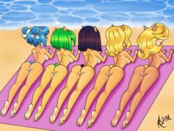 5girls ami_bandicoot aspen_(artist) ass beach big_ass blonde_hair blue_hair brown_hair crash_(series) feet female foot_fetish furry green_hair isabella_bandicoot liz_bandicoot megumi_bandicoot pussy tawna_bandicoot