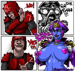 1boy 1girls 4koma astra_militarum big_breasts blood_pact blue_skin chaos_(warhammer) commissar daemonette demon demon_girl dialogue english_text female female_focus flashing flashing_breasts guardsman_(warhammer_40k) human imperial_guard imperium_of_man large_breasts meme military_uniform nipples no_bra open_shirt pauldron peaked_cap pink_hair pink_nipples pointy_ears presenting_breasts purple_jacket red_armor red_helmet scar_on_cheek scar_on_face scar_on_neck scars skeenfanart slaanesh_mark smile soldier solo solo_female spiked_helmet spiked_pauldrons text topless topless_female traitor_guard warhammer_(franchise) warhammer_40k yellow_eyes