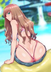 1girls ass back booty_shorts bra brown_hair butt_crack dat_ass eyes female female_only gggg green_eyes huge_breasts long_hair looking_at_viewer looking_back minami_yume pink_bra pink_thong pool pool_toy shorts sitting smile sports_bra ssss.dynazenon thong thong_over_anus water