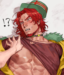 bara beard blush clothed clothing color embarrassed hat kimi_ga_shine male male_focus male_only muscular muscular_male on_back pecs q-taro_burgerberg red_eyes red_hair shirt shirt_lift solo_focus surprised white_background your_turn_to_die yttd