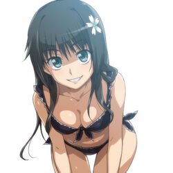 1girls aqua_eyes bikini black_hair breasts cleavage female female_only flower front-tie_top green_eyes grin hair hair_flower hair_ornament hairu leaning_forward long_hair looking_at_viewer lowres medium_breasts navel panties saten_ruiko side-tie_bikini side-tie_panties simple_background smile solo swimsuit tagme thigh_gap thighs to_aru_kagaku_no_railgun to_aru_majutsu_no_index underwear white_background