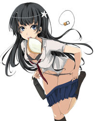 1girls bad_id bad_pixiv_id black_bra black_hair black_socks blue_eyes bra bread earbuds earphones female female_only food food_in_mouth hair hair_ornament highres knee_socks kneehighs kneesocks late_for_school legs lingerie long_hair looking_at_viewer mouth_hold open_clothes open_shirt panties panty_pull photoshop_(medium) sahare saten_ruiko school_uniform shirt skirt socks solo tagme to_aru_kagaku_no_railgun to_aru_majutsu_no_index toast toast_in_mouth underwear