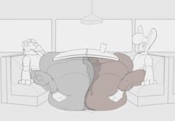 anthro balls_outline big_bulge bodily_fluids booth bulge bulge_rubbing clothed clothing detailed_bulge duo excessive_precum fully_clothed genital_fluids genital_outline gulonine hi_res huge_bulge hyper hyper_bulge jonas_(starrfluff) lagomorph leaking_precum leporid male mammal monochrome mustelid musteline penis_outline precum precum_through_clothing property_damage rabbit restaurant sebastian_cummins_(thechavicgerman) starrfluff wet wet_clothing wolverine