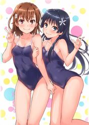 2girls arm_hug black_hair black_swimsuit breasts brown_eyes brown_hair collarbone commentary_request competition_school_swimsuit competition_swimsuit cowboy_shot female female_only flower gluteal_fold green_eyes hair hair_flower hair_ornament hime_cut isshi_pyuma line_art long_hair looking_at_viewer misaka_mikoto one-piece_swimsuit peace_sign saten_ruiko school_swimsuit short_hair small_breasts solo swimsuit tagme teenage_girl teenager to_aru_kagaku_no_railgun to_aru_majutsu_no_index twitter_username v waving young