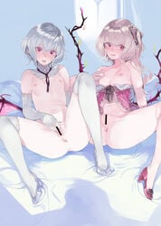 2girls alternate_hair_color anus bar_censor bare_shoulders bat_wings breasts censored come_hither commentary_request elbow_gloves eyelashes fakepucco flandre_scarlet gloves highres indoors long_hair multiple_girls navel nipples no_headwear nude partially_unbuttoned pink_footwear platinum_blonde_hair pussy pussy_juice remilia_scarlet seductive_smile short_hair siblings side_ponytail silver_footwear silver_hair sisters slit_pupils small_breasts smile spikes tongue tongue_out touhou white_legwear window wings