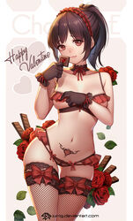 1girls bad_id bad_pixiv_id bangs bare_shoulders black_gloves black_hair bow breasts chocolate collarbone commentary_request eyebrows_visible_through_hair female female_only fishnet_legwear fishnets flower frilled_bra gloves hair_ornament happy_valentine headdress highres hips jurrig lingerie long_hair looking_at_viewer medium_breasts micro_bra navel original ponytail pubic_tattoo red_bow red_flower red_ribbon red_rose ribbon rose smile solo tattoo thick_thighs thighhighs underboob underwear watermark web_address wide_hips womb_tattoo