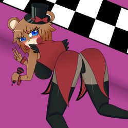 1girls bear_ears big_butt blue_eyes bow breasts brown_hair five_nights_at_freddy's five_nights_in_anime freddy_(fnaf) freddy_(fnia) rule_63 sexually_suggestive smile suit thighhighs top_hat