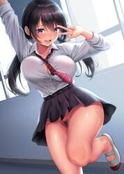 black_hair dancing dksha kase_daiki long_hair no_panties pink_bra pink_eyes pubic_hair school_uniform schoolgirl skirt uncensored