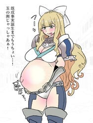 :d :p alternate_eye_color blonde_hair charlotte_(fire_emblem) cleavage fire_emblem fire_emblem_fates green_eyes japanese_text kuroihi_(kuroihitsuji) large_breasts long_blonde_hair long_hair naughty_face nintendo open_mouth open_smile panties pregnant smile text tongue tongue_out translation_request very_long_hair white_panties