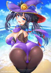 1girls 2021 alternate_breast_size apple_butt arched_back ass ass_focus back_view backless_outfit beach bent_over black_hair blue_eyes blue_sky blush breasts bubble_butt cameltoe clothed clothed_female embarrassed female female_focus female_only genshin_impact hat highleg_leotard huge_ass large_breasts large_hat leaning_forward leggings leotard long_hair looking_at_viewer looking_back looking_over_shoulder mona_(genshin_impact) open_mouth outdoors puffy_pussy purple_leotard sand sheer_legwear sideboob sugihara_(sugihara2000) thick_thighs thighs tight_clothing tight_fit tights twintails water witch_hat