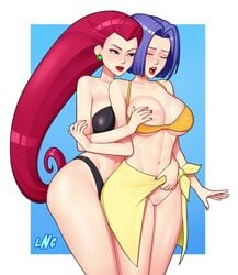 2girls alternate_version_available areolae bikini bikini_top blue_hair breast_squeeze breasts closed_eyes earrings eyeshadow female female_only fondling genderswap grabbing_from_behind huge_breasts james_(pokemon) jamie_(pokemon) jessie_(pokemon) large_breasts lipstick long_hair loodncrood multiple_girls nail_polish navel nintendo nipple_tweak nipples nipples_visible_through_clothing one_breast_out open_mouth pokemon pokemon_rgby red_hair rule_63 team_rocket yuri