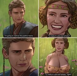 1boy 1girls alternate_breast_size anakin_skywalker artist_name attack_of_the_clones beauty_mark big_breasts blush breasts breasts_bigger_than_head brown_clothing brown_eyes brown_hair caiman2 cleavage clothed clothing comic day dialogue dialogue_box dress emmabrave english_text eyebrows eyelashes female flower for_the_better_right? grass green_eyes happy hayden_christensen headband human human_only humor jedi light-skinned_female light-skinned_male light_skin lipstick long_hair looking_at_another male meadow meme mole naboo natalie_portman nipples nipples_visible_through_clothing on_ground open_eyes open_mouth outdoors padme_amidala parted_lips patreon picnic pink_lipstick question redraw robe short_hair sitting sitting_on_ground smile smirk star_wars teeth text tunic worried yellow_clothing yellow_dress